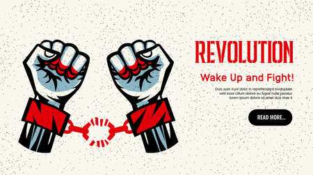 Revolution propagating website homepage constructivist vintage style design with broken handcuff fight for freedom concept vector illustrationのイラスト素材
