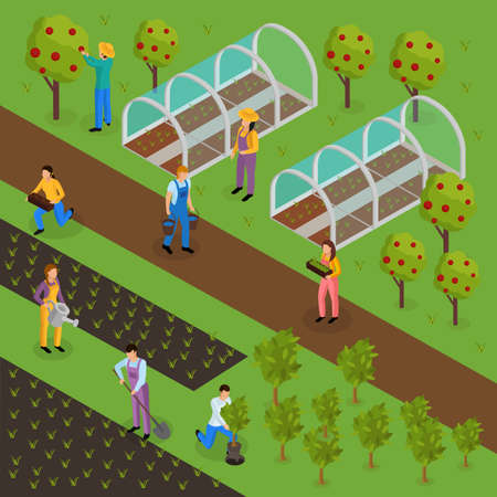 Ordinary farmers life isometric composition with human characters of greensmen in uniform with plants and hothouse vector illustrationのイラスト素材