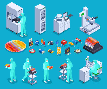 Semicondoctor production icons set with technology and science symbols isometric isolated vector illustrationのイラスト素材