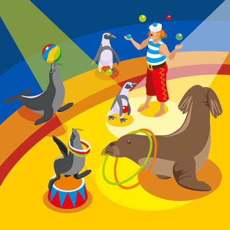 Sea circus isometric composition with juggling clown and animals performing spectacle on arena vector illustrationのイラスト素材