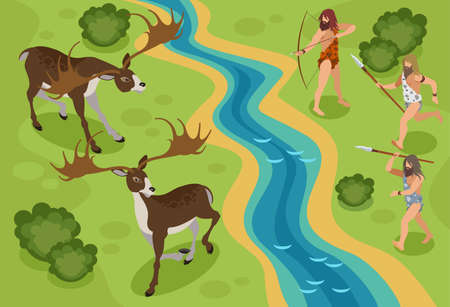 Stone age isometric background with hunting deer symbols vector illustrationのイラスト素材