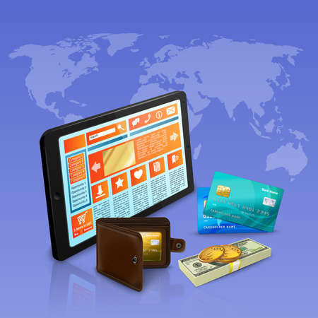 Internet shopping online payment with banking cards realistic composition on violet background with world map vector illustrationのイラスト素材