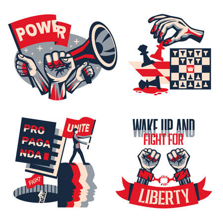 Revolution political slogans concept 4 vintage constructivist compositions set with calls unity liberty freedom isolated vector illustrationのイラスト素材