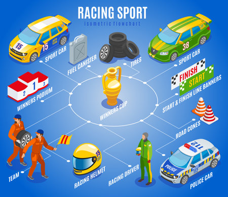 Racing sports isometric flowchart with sport car and team symbols isometric vector illustrationのイラスト素材