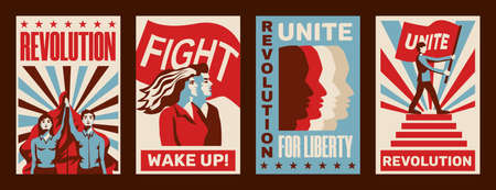 Revolution 4 promoting constructivist posters set with calls for strike fight unity liberty vintage isolated vector illustrationのイラスト素材