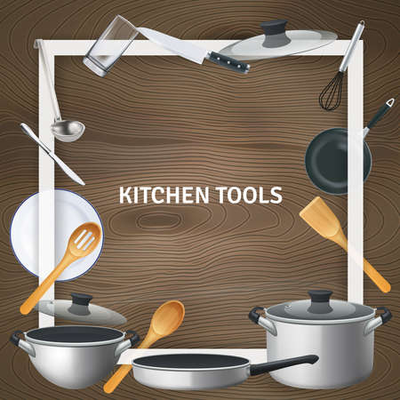 White decorative square frame with realistic kitchen tools on wooden texture background vector illustrationのイラスト素材