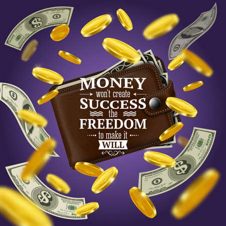 Money and success quotes with motivating words and freedom symvols realistic vector illustrationのイラスト素材