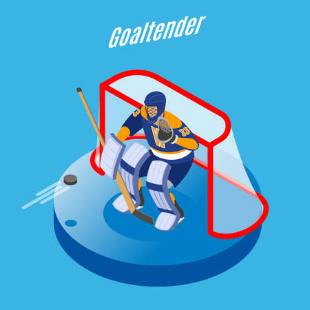 Ice hockey goaltender in full equipment protecting goal with stick round isometric composition blue background vector illustrationのイラスト素材