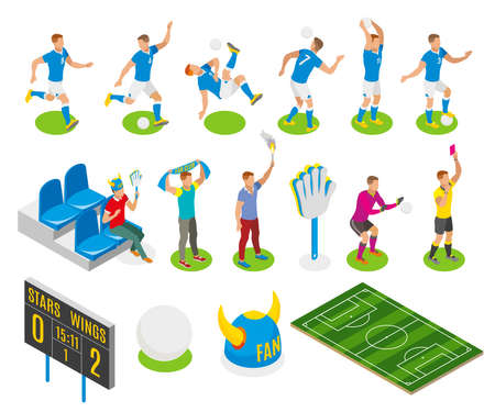Football isometric icons set of fans gamers referee characters board with score of match vector illustrationのイラスト素材