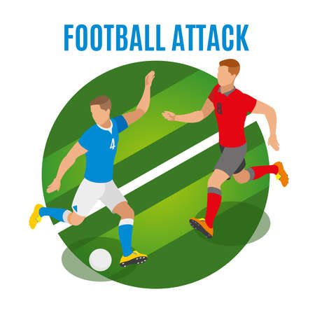 Football attack round design concept with two athletes in form of competing teams fighting for possession of ball isometric vector illustrationのイラスト素材