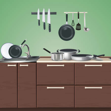 Kitchen brown furniture with realistic culinary utensils on green background 3d vector illustrationのイラスト素材