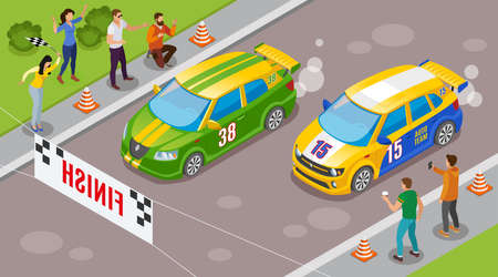 Racing sports background with sports cars at start symbols isometric  vector illustrationのイラスト素材