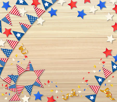 Independence day celebrating design composition with national flags confetti stars serpentine on wooden background realistic vector illustrationのイラスト素材