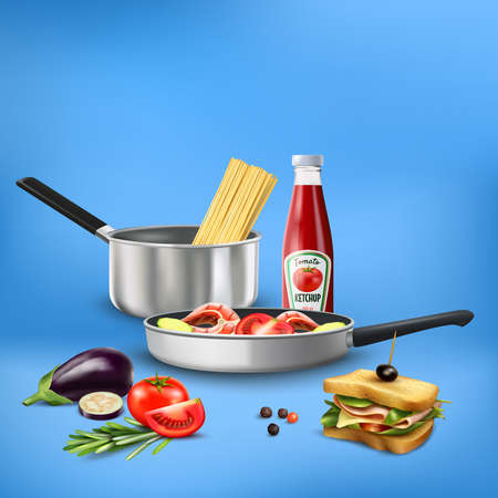 Realistic kitchen tools with food products pasta vegetables fish composition on blue background 3d vector illustrationのイラスト素材
