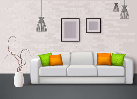 White leather sofa with fantastic green orange pillows brings color in living room realistic interior vector illustrationのイラスト素材
