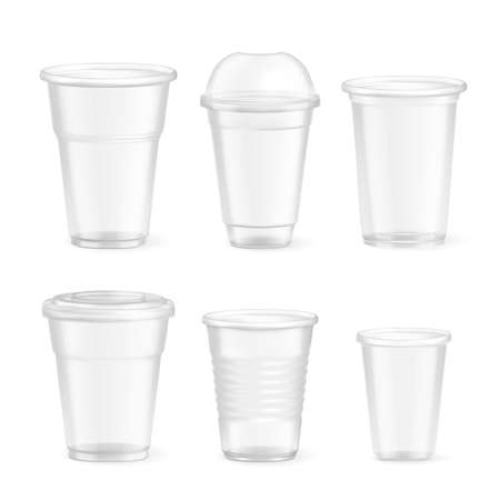 Set of realistic plastic disposable food glasses of various size on white background isolated vector illustrationのイラスト素材