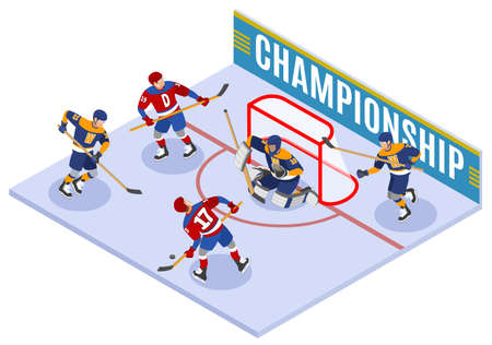 Hockey championship isometric composition with forward slapshot scoring and protecting net goaltender in goal crease  vector illustrationのイラスト素材