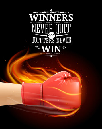 Winners and quitters quotes with sports symbols and boxing realistic vector illustrationのイラスト素材