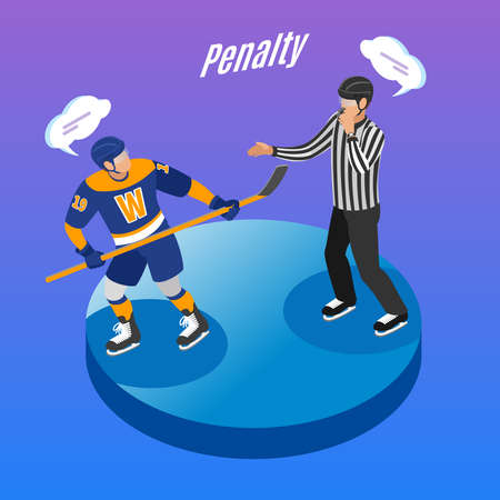 Ice hockey round isometric degrade background composition with referee sending offending player in penalty box vector illustrationのイラスト素材