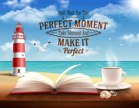 Perfect moment quotes with motivating words ocean and lighthouse realistic vector illustrationのイラスト素材