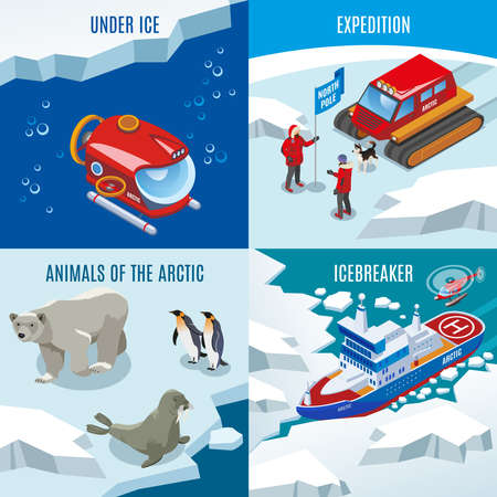 Arctic research isometric design concept, expedition, northern animals, discoveries under frozen water, ice breaker, isolated vector illustrationのイラスト素材