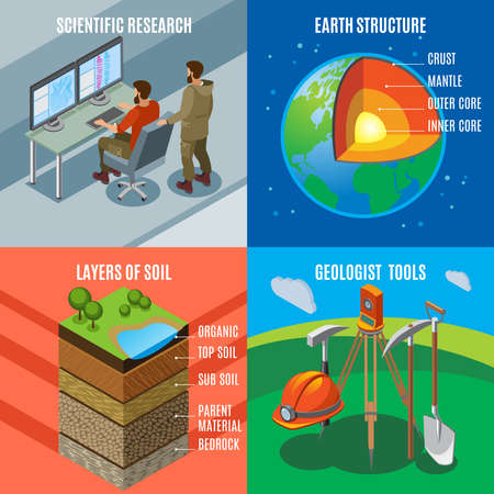 Earth exploration isometric design concept, scientific research, planet structure, soil layers, geological tools, isolated vector illustrationのイラスト素材
