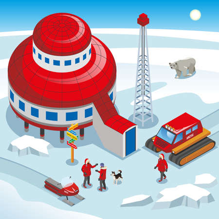 Arctic polar station, scientists with dog, track vehicle, drilling ice equipment on snow background isometric vector illustrationのイラスト素材