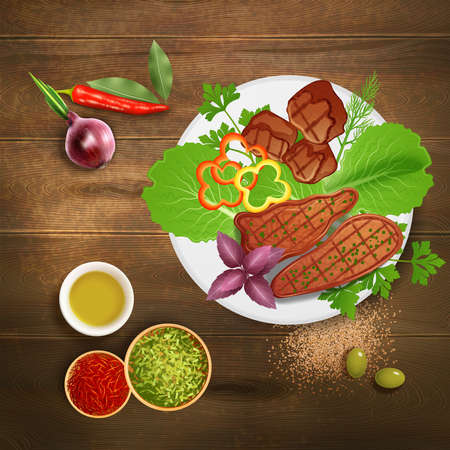 Bbq grilled steaks served with various herbs condiments and sauce on wooden table realistic vector illustrationのイラスト素材