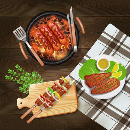 Bbq sausages kebab and steaks cooked on grill realistic vector illustrationのイラスト素材