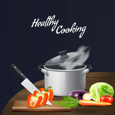 Realistic kitchen tools and vegetables for healthy nutrition at wooden table on black background vector illustrationのイラスト素材