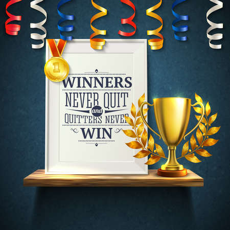 Winners quotes with quitters victory and cup symbols realistic vector illustrationのイラスト素材