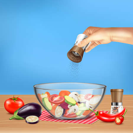 Hand with pepper mill over salad from vegetables in glass bowl on blue background realistic vector illustrationのイラスト素材