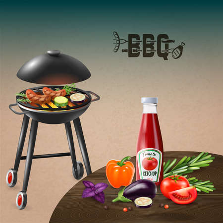 Bbq sausages cooking on grill with vegetables and ketchup realistic vector illustrationのイラスト素材