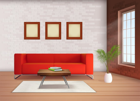 Contemporary home interior design element with red sofa accent in neutral colored living room realistic vector illustrationのイラスト素材