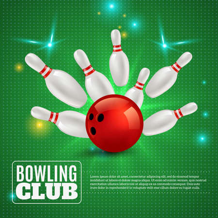 Bowling club 3d composition hitting ball on pins on green background with flashes and sparks vector illustrationのイラスト素材