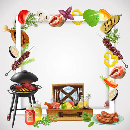 Realistic frame with grill different bbq dishes vegetables and drinks for picnic vector illustrationのイラスト素材