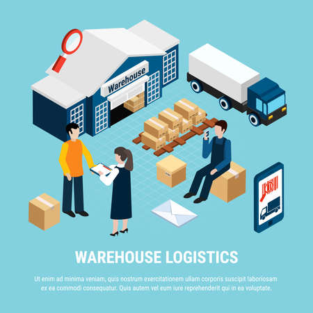 Warehouse logistics isometric concept with delivery workers on blue background 3d vector illustrationのイラスト素材