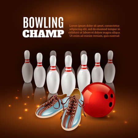Bowling champ 3d composition from pins, red ball and shoes on dark background with sparks vector illustrationのイラスト素材