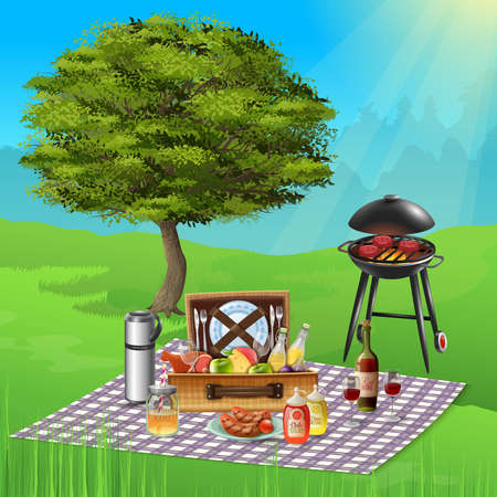 Summer picnic with wine cheese fruits and delicious bbq dishes cooking on grill realistic vector illustrationのイラスト素材