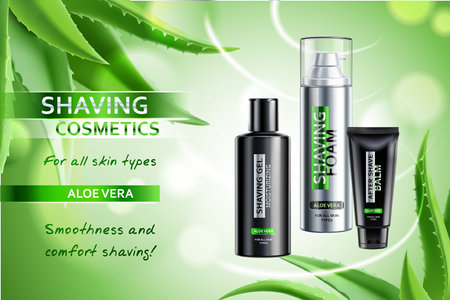 Realistic cosmetic shaving products with aloe vera advertising composition on blurred green background with leaves vector illustrationのイラスト素材