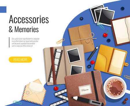 Accessories and memories design concept set of postal envelope film slide folders diary notepad vector illustrationのイラスト素材