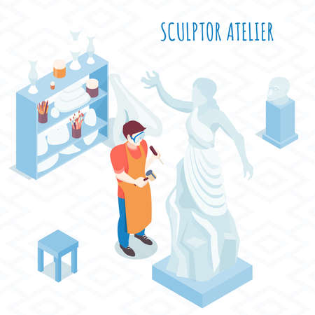 Fine artist at work isometric composition with sculptor carving stone stature with hammer and chisel vector illustrationのイラスト素材