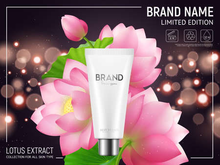 Lotus extract body lotion cosmetics advertisement poster with large realistic flowers against bubble lights background vector illustrationのイラスト素材