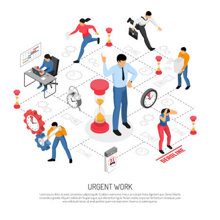 People doing urgent work before approaching deadline isometric flowchart on white background 3d vector illustrationのイラスト素材