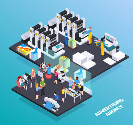 Advertising agency personnel services  isometric composition with ads designers clients promotion printing house production cutting vector illustrationのイラスト素材