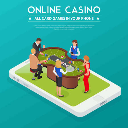 Casino online cards games from smartphone or tablet isometric composition with players on device screen vector illustrationのイラスト素材