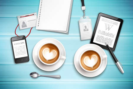 Work place top view with cappuccino badges and gadgets on textured blue background realistic vector illustrationのイラスト素材