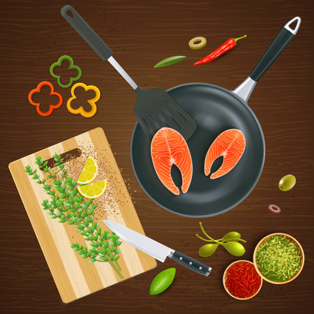 Realistic kitchen ware top view with salmon spices and vegetables on wooden texture background vector illustrationのイラスト素材