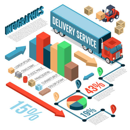 Isometric infographics presenting information about delivery service work and different cargoes 3d vector illustrationのイラスト素材