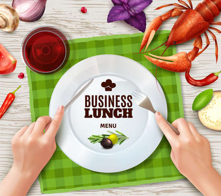 Using cutlery properly top view plate lobster saus and hands holding fork and knife realistic vector illustrationのイラスト素材